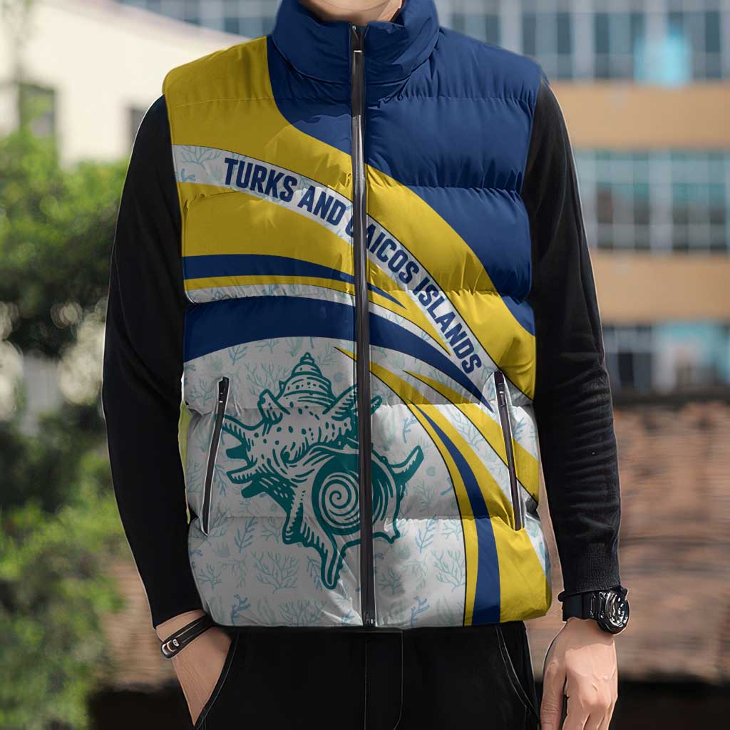 Turks and Caicos Islands Sleeveless Puffer Jacket with Sea Shell Graphic and Yellow Blue Wave Design - Wonder Print Shop