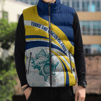 Turks and Caicos Islands Sleeveless Puffer Jacket with Sea Shell Graphic and Yellow Blue Wave Design - Wonder Print Shop