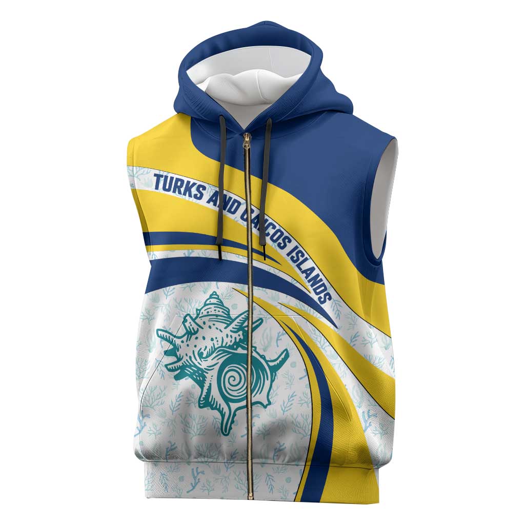 Turks and Caicos Islands Sleeveless Zip Hoodie with Sea Shell Graphic and Yellow Blue Wave Design - Wonder Print Shop