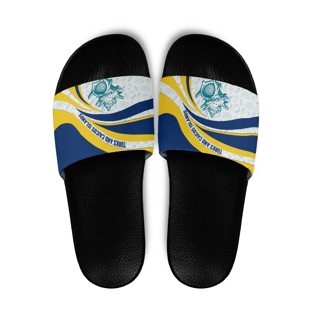 Turks and Caicos Islands Slide Sandals with Sea Shell Graphic and Yellow Blue Wave Design - Wonder Print Shop