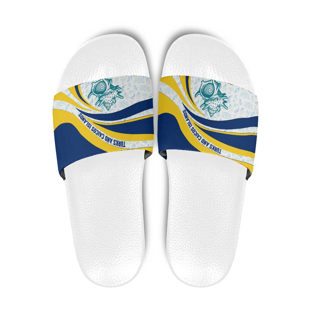 Turks and Caicos Islands Slide Sandals with Sea Shell Graphic and Yellow Blue Wave Design - Wonder Print Shop