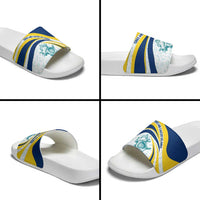 Turks and Caicos Islands Slide Sandals with Sea Shell Graphic and Yellow Blue Wave Design - Wonder Print Shop