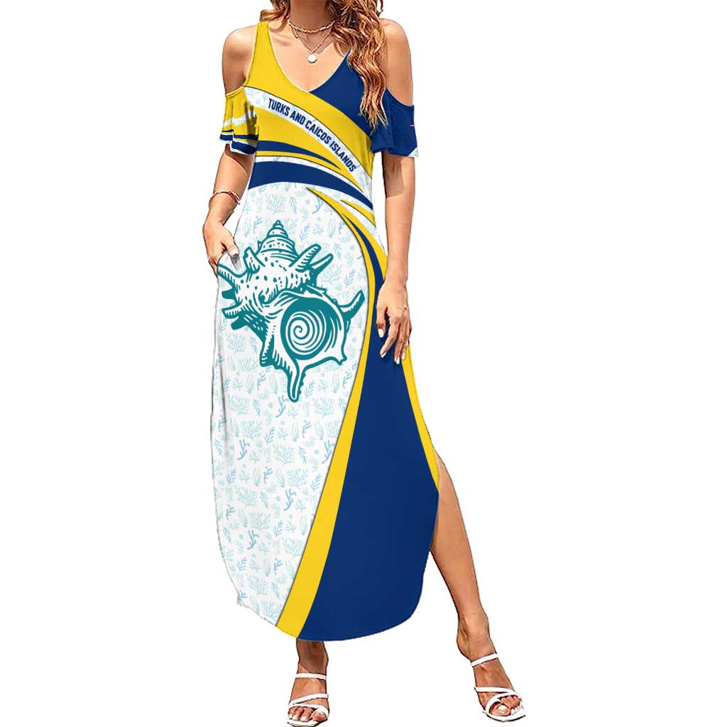 Turks and Caicos Islands Summer Maxi Dress with Sea Shell Graphic and Yellow Blue Wave Design - Wonder Print Shop