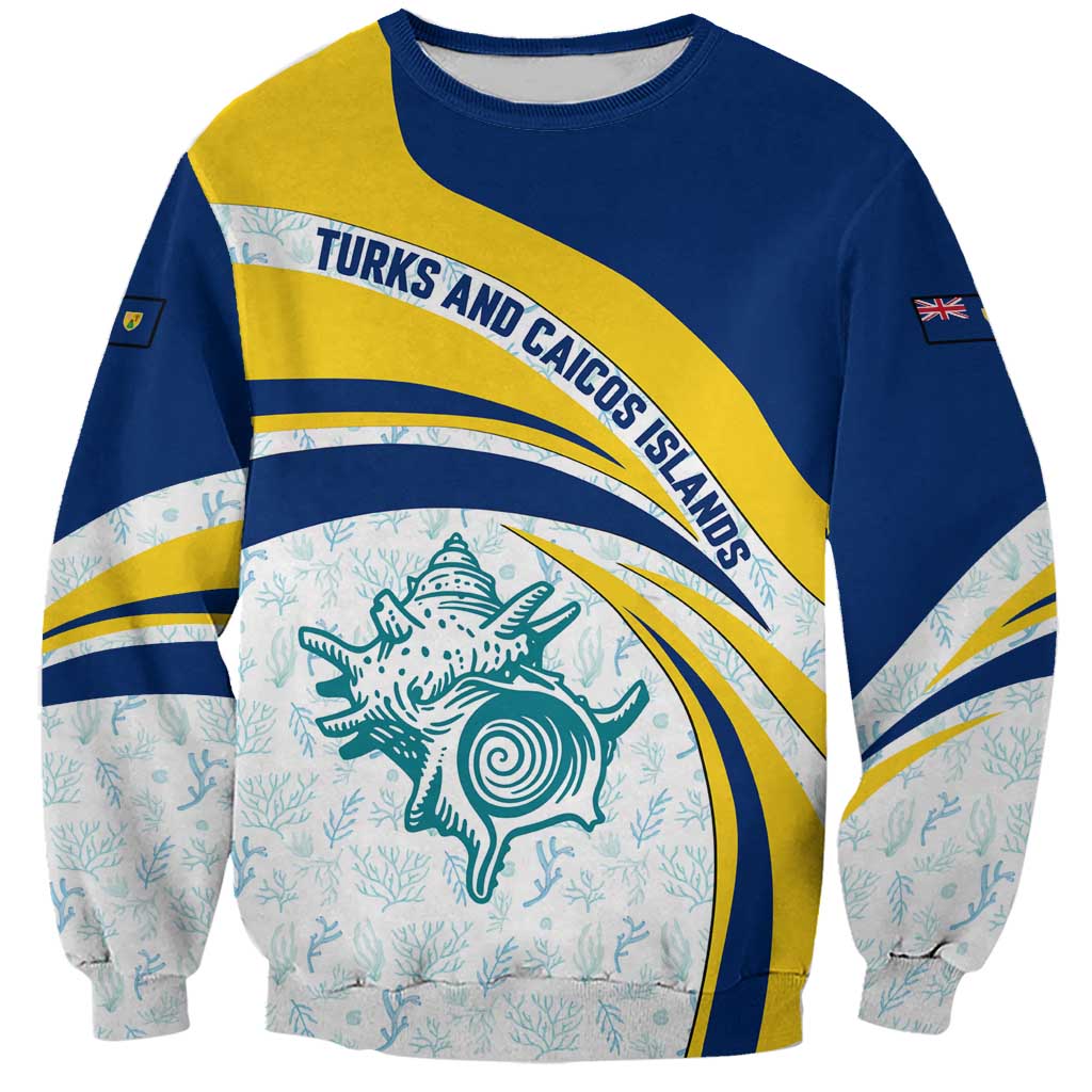 Turks and Caicos Islands Sweatshirt with Sea Shell Graphic and Yellow Blue Wave Design - Wonder Print Shop