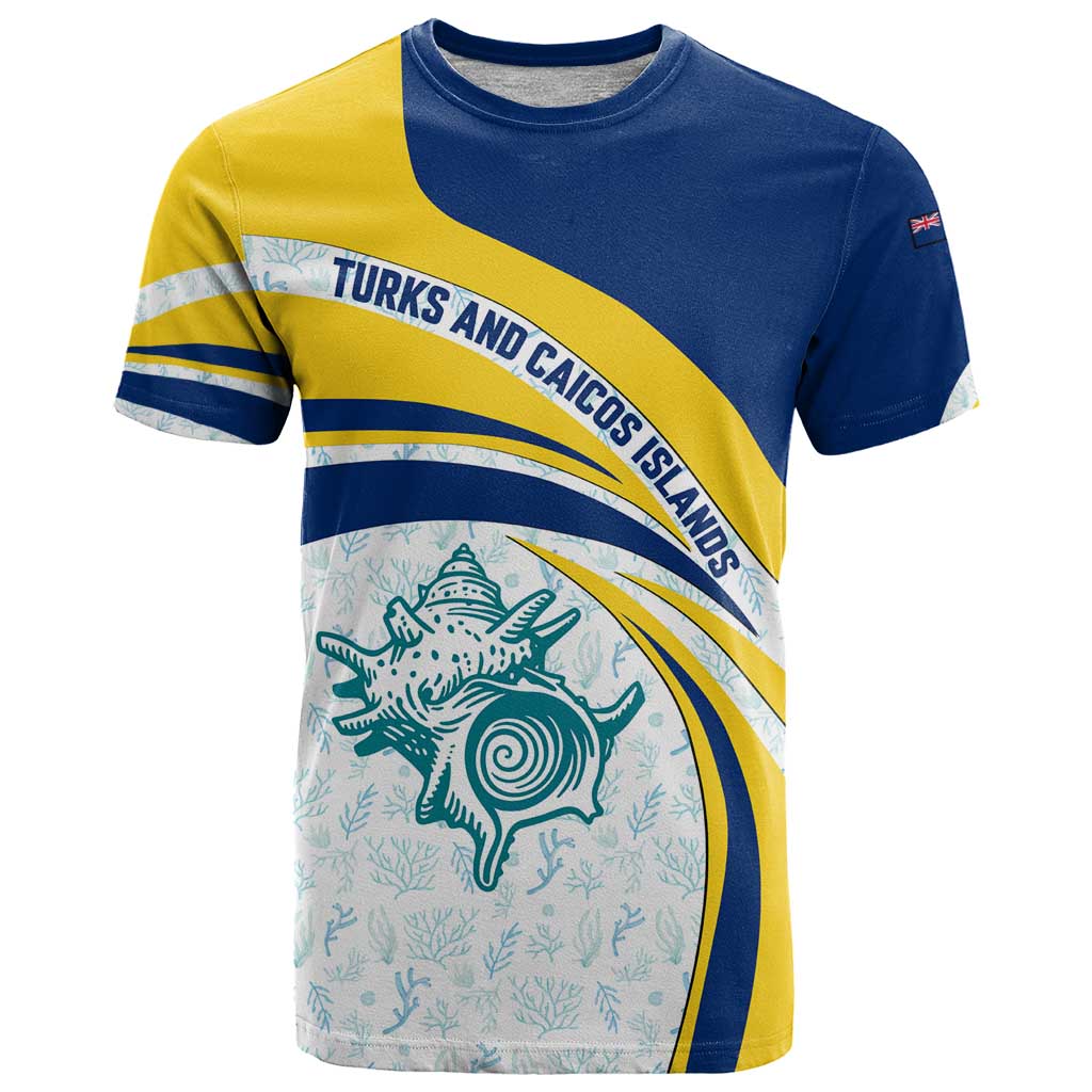 Turks and Caicos Islands T Shirt with Sea Shell Graphic and Yellow Blue Wave Design - Wonder Print Shop
