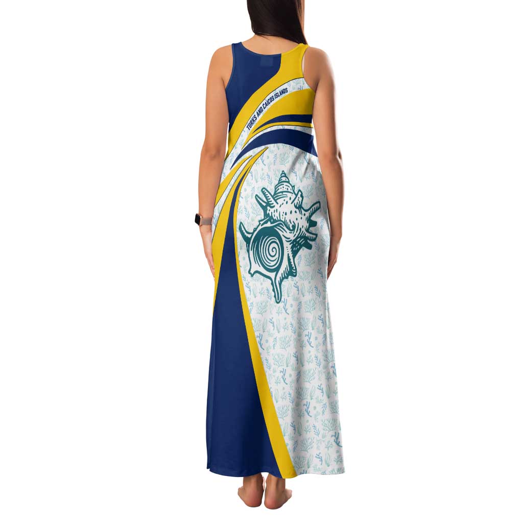 Turks and Caicos Islands Tank Maxi Dress with Sea Shell Graphic and Yellow Blue Wave Design - Wonder Print Shop