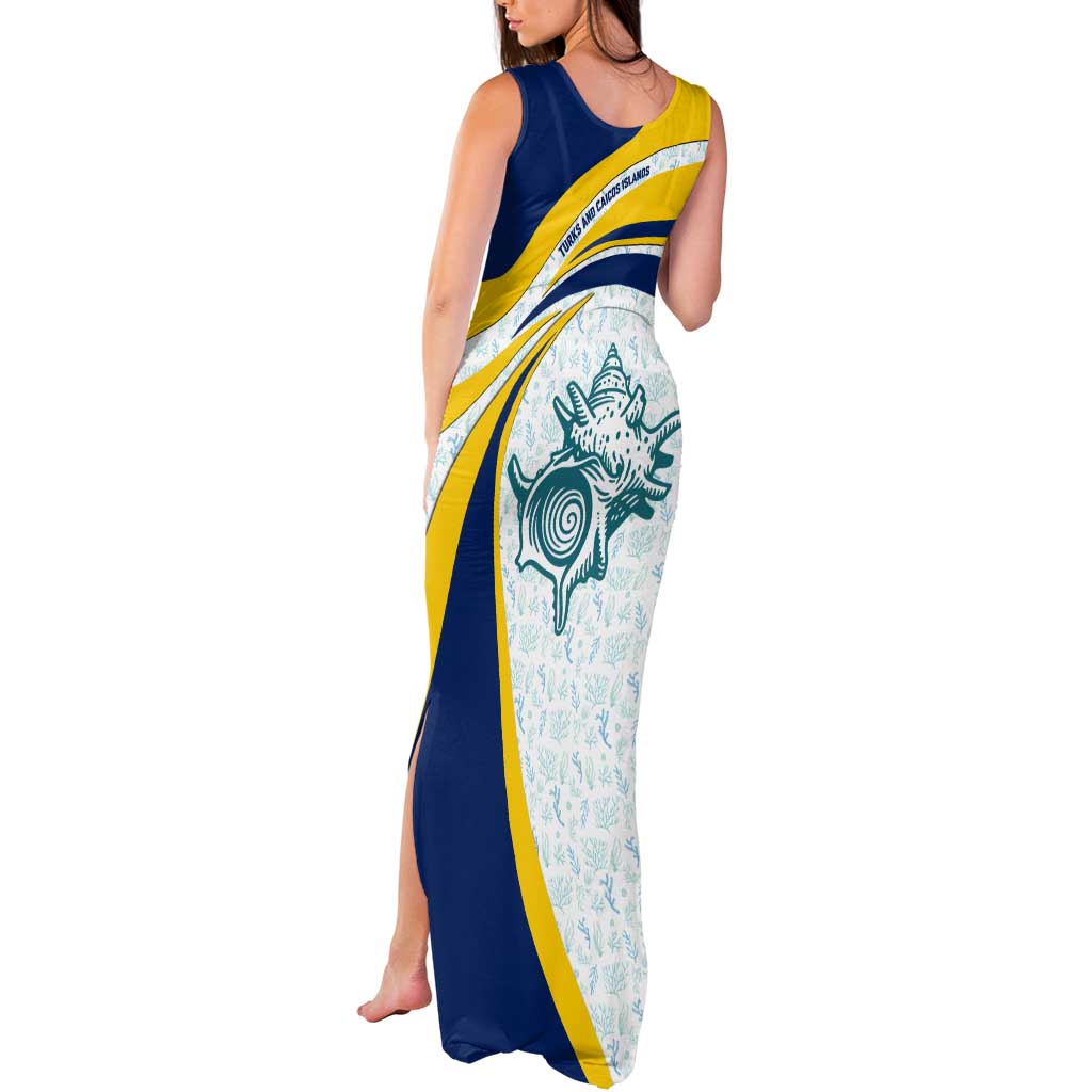 Turks and Caicos Islands Tank Maxi Dress with Sea Shell Graphic and Yellow Blue Wave Design - Wonder Print Shop