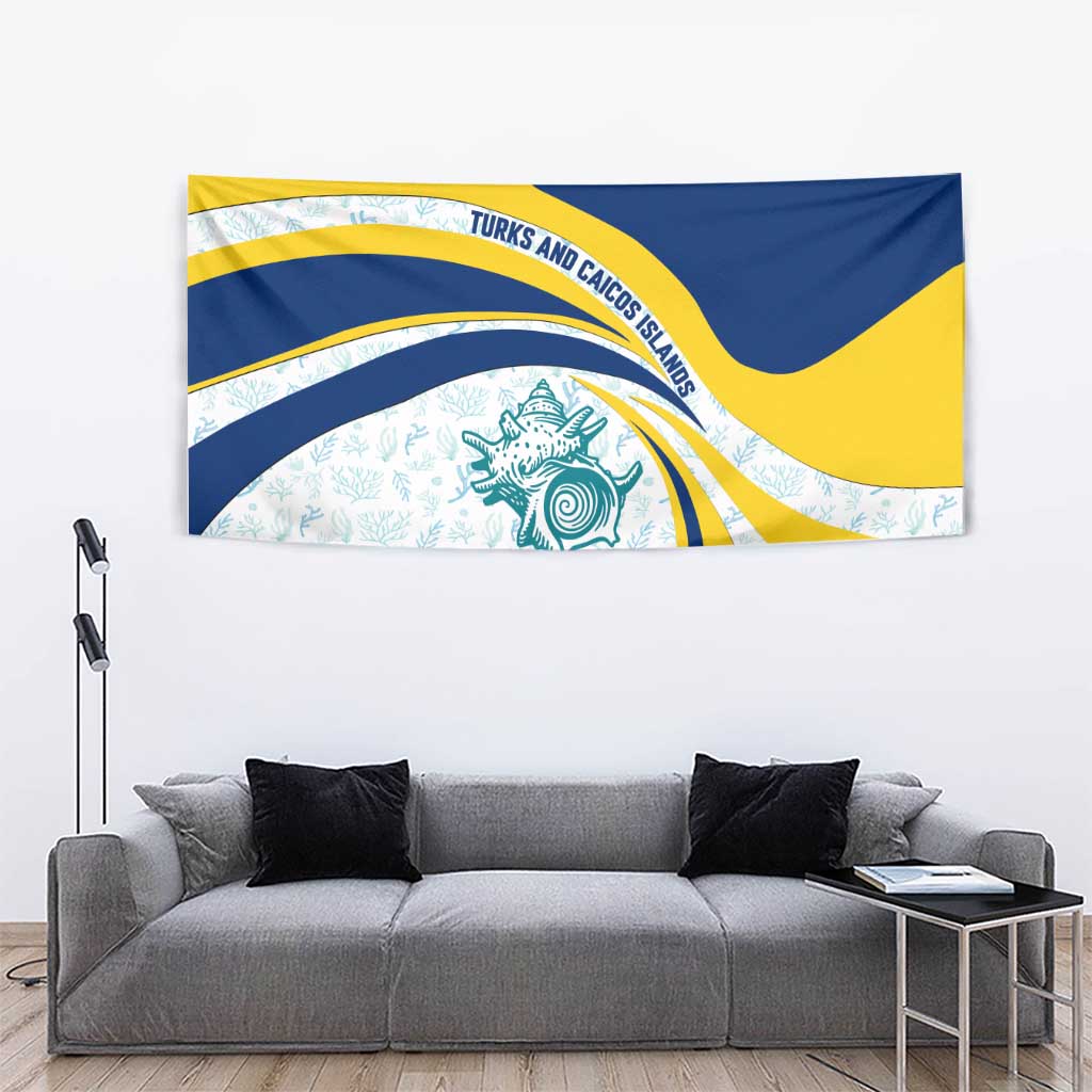 Turks and Caicos Islands Tapestry with Sea Shell Graphic and Yellow Blue Wave Design - Wonder Print Shop