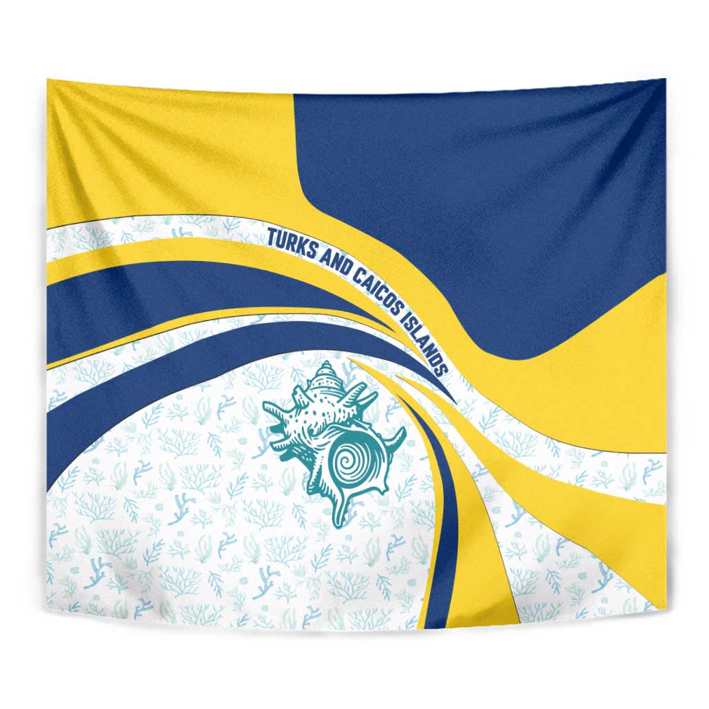 Turks and Caicos Islands Tapestry with Sea Shell Graphic and Yellow Blue Wave Design - Wonder Print Shop