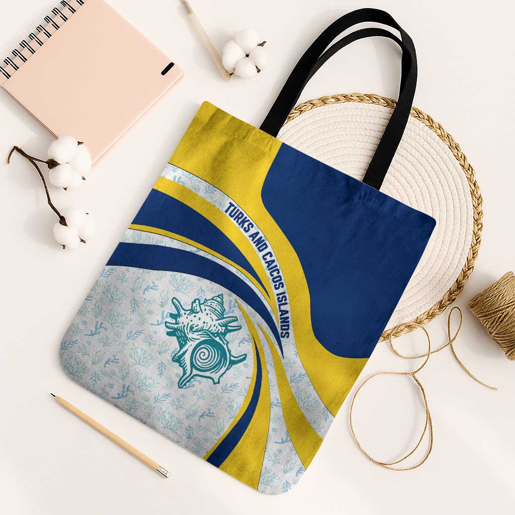 Turks and Caicos Islands Tote Bag with Sea Shell Graphic and Yellow Blue Wave Design - Wonder Print Shop