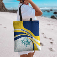 Turks and Caicos Islands Tote Bag with Sea Shell Graphic and Yellow Blue Wave Design - Wonder Print Shop