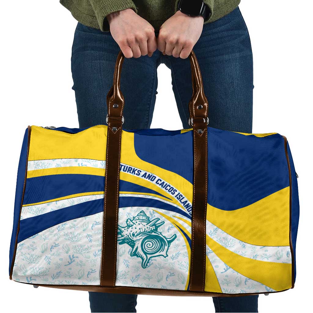 Turks and Caicos Islands Travel Bag with Sea Shell Graphic and Yellow Blue Wave Design - Wonder Print Shop