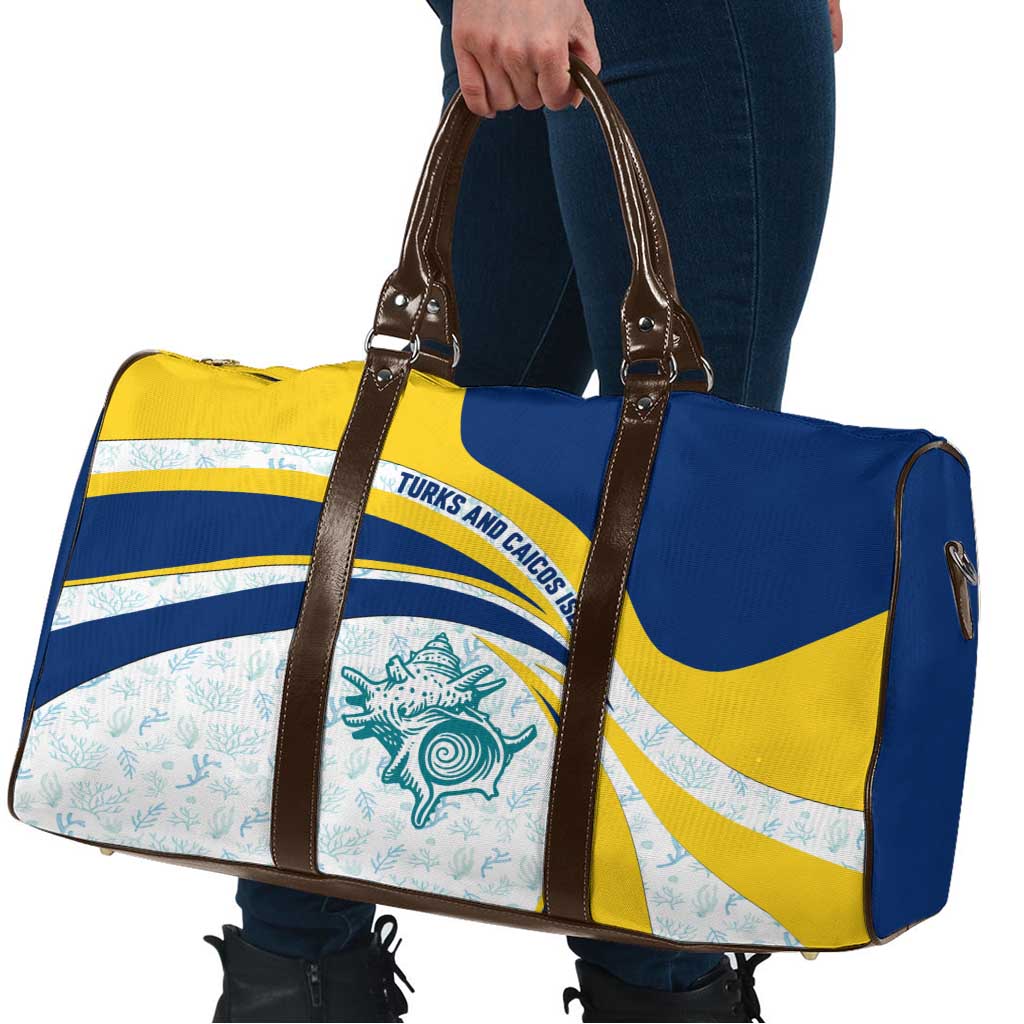 Turks and Caicos Islands Travel Bag with Sea Shell Graphic and Yellow Blue Wave Design - Wonder Print Shop