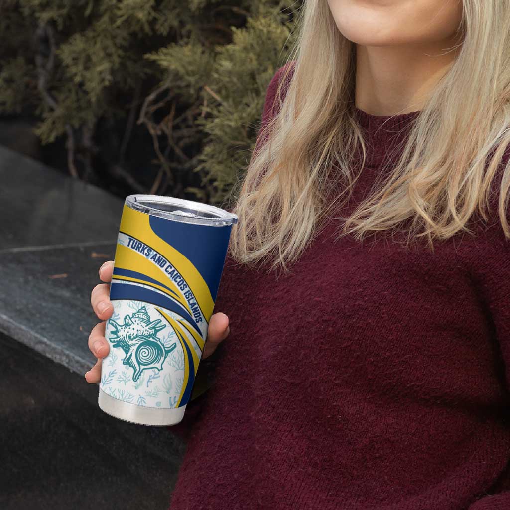 Turks and Caicos Islands Tumbler Cup with Sea Shell Graphic and Yellow Blue Wave Design - Wonder Print Shop