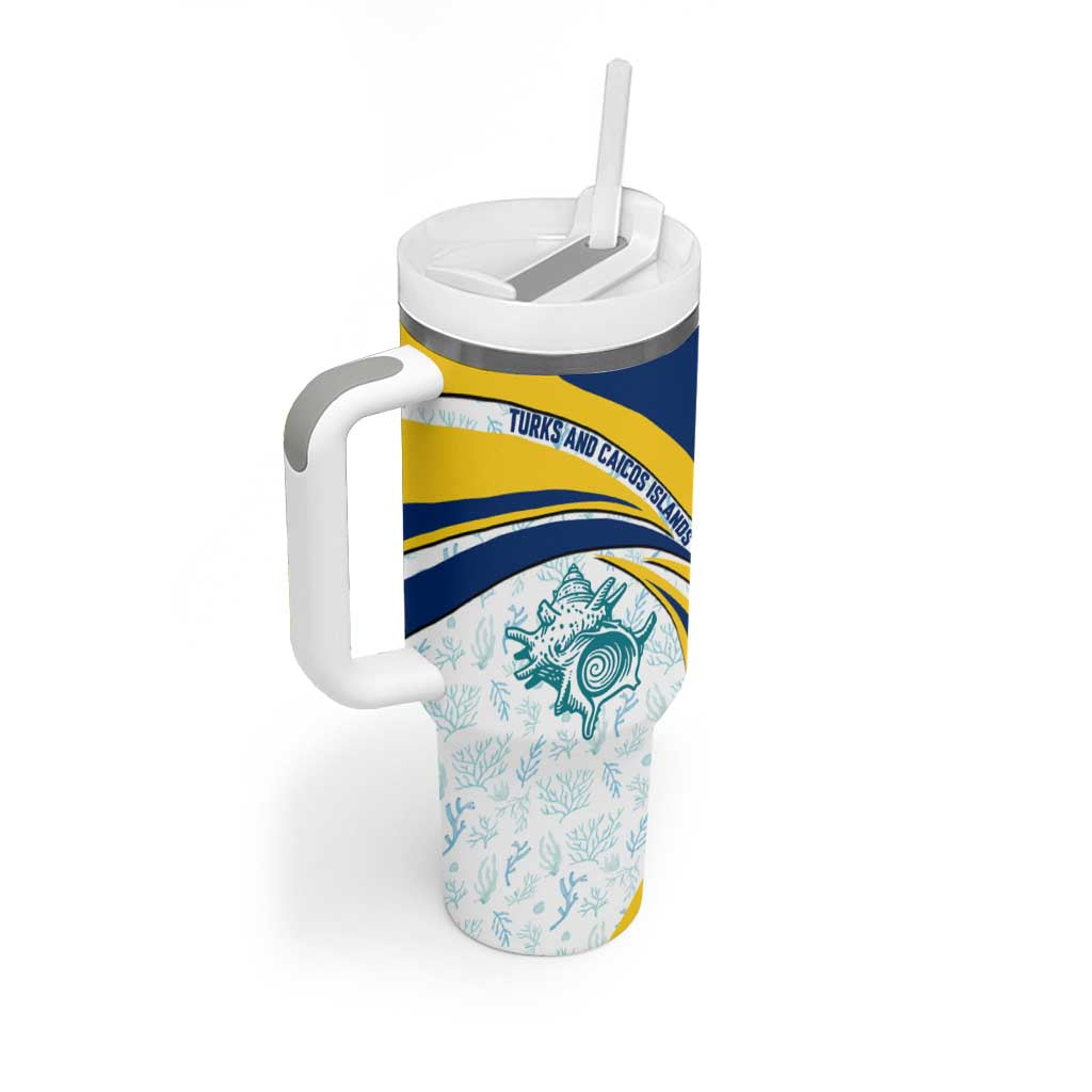 Turks and Caicos Islands Tumbler With Handle with Sea Shell Graphic and Yellow Blue Wave Design - Wonder Print Shop