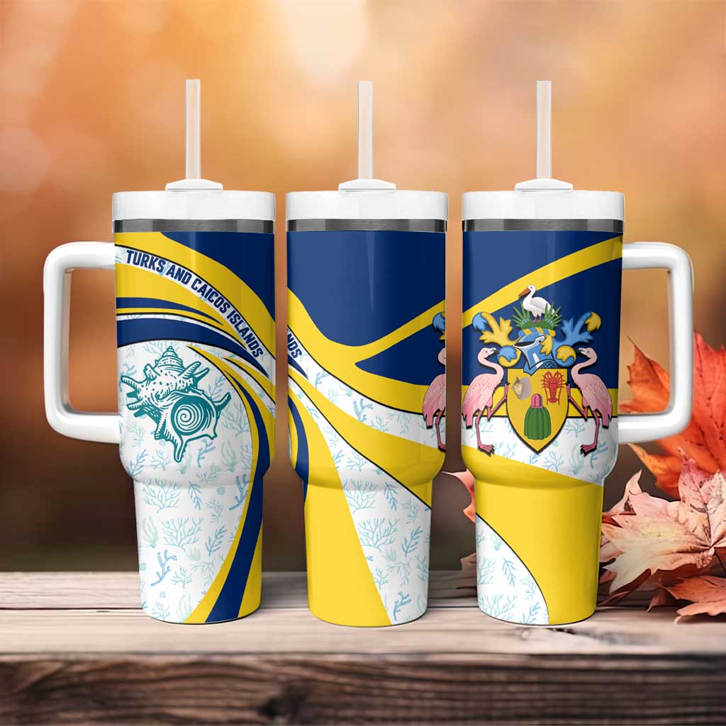 Turks and Caicos Islands Tumbler With Handle with Sea Shell Graphic and Yellow Blue Wave Design - Wonder Print Shop