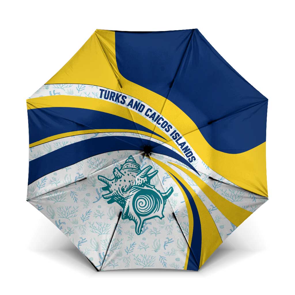 Turks and Caicos Islands Umbrella with Sea Shell Graphic and Yellow Blue Wave Design - Wonder Print Shop