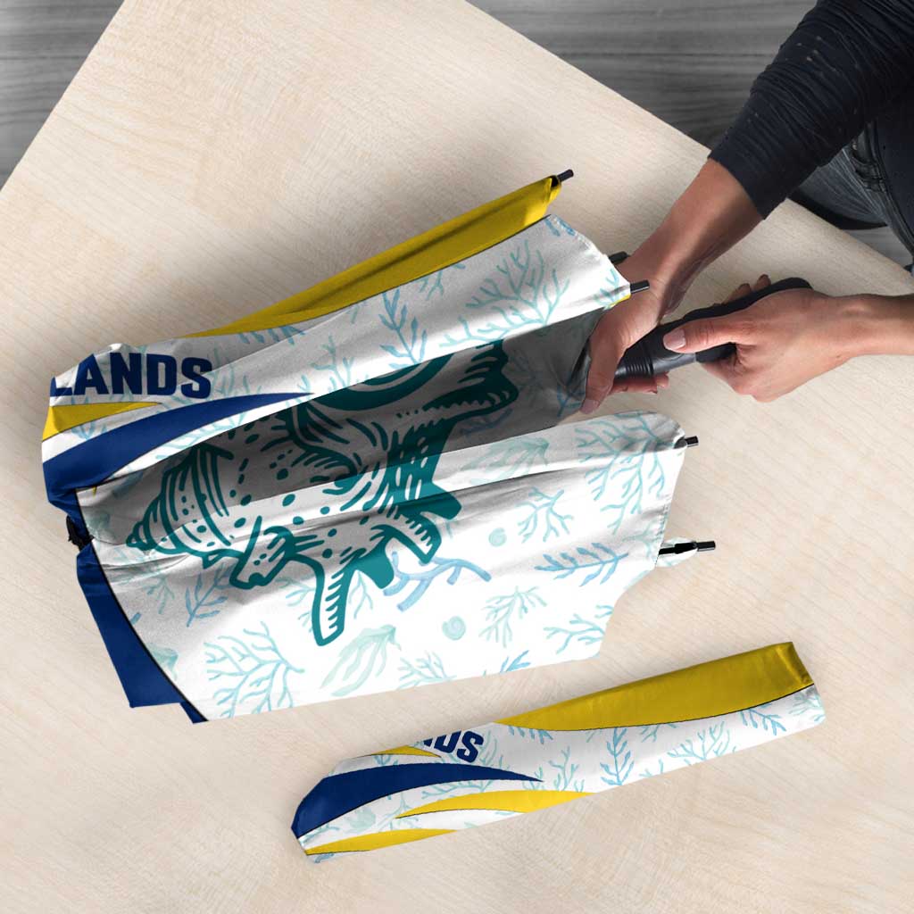 Turks and Caicos Islands Umbrella with Sea Shell Graphic and Yellow Blue Wave Design - Wonder Print Shop