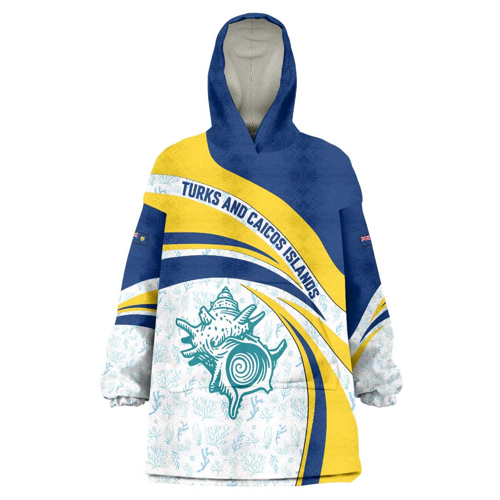Turks and Caicos Islands Wearable Blanket Hoodie with Sea Shell Graphic and Yellow Blue Wave Design - Wonder Print Shop