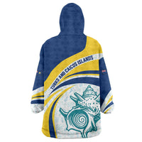 Turks and Caicos Islands Wearable Blanket Hoodie with Sea Shell Graphic and Yellow Blue Wave Design - Wonder Print Shop