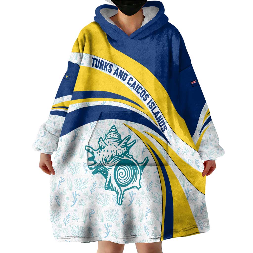 Turks and Caicos Islands Wearable Blanket Hoodie with Sea Shell Graphic and Yellow Blue Wave Design - Wonder Print Shop
