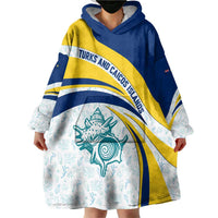 Turks and Caicos Islands Wearable Blanket Hoodie with Sea Shell Graphic and Yellow Blue Wave Design - Wonder Print Shop