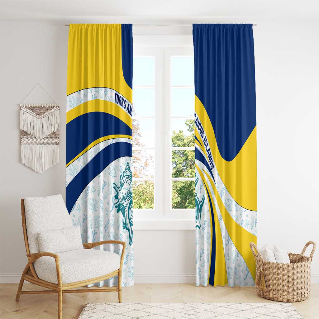 Turks and Caicos Islands Window Curtain with Sea Shell Graphic and Yellow Blue Wave Design - Wonder Print Shop
