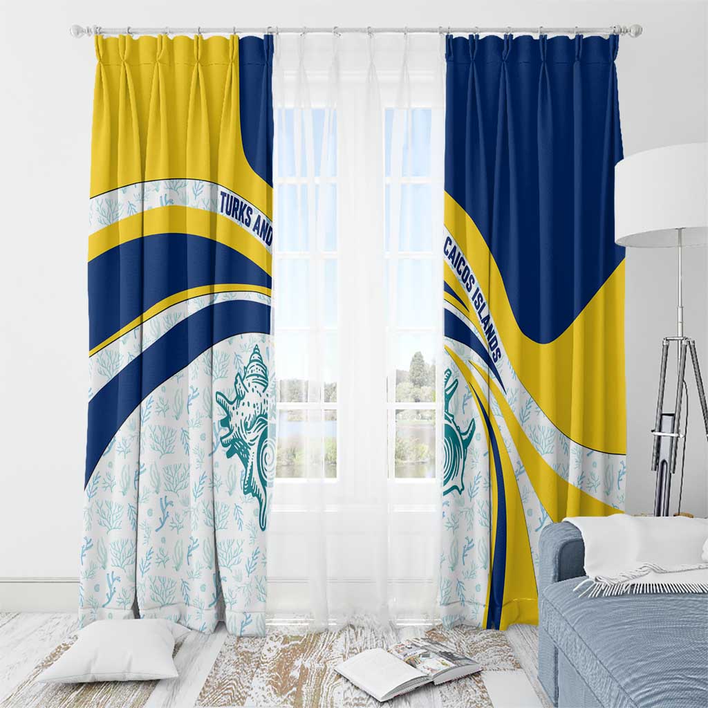 Turks and Caicos Islands Window Curtain with Sea Shell Graphic and Yellow Blue Wave Design - Wonder Print Shop