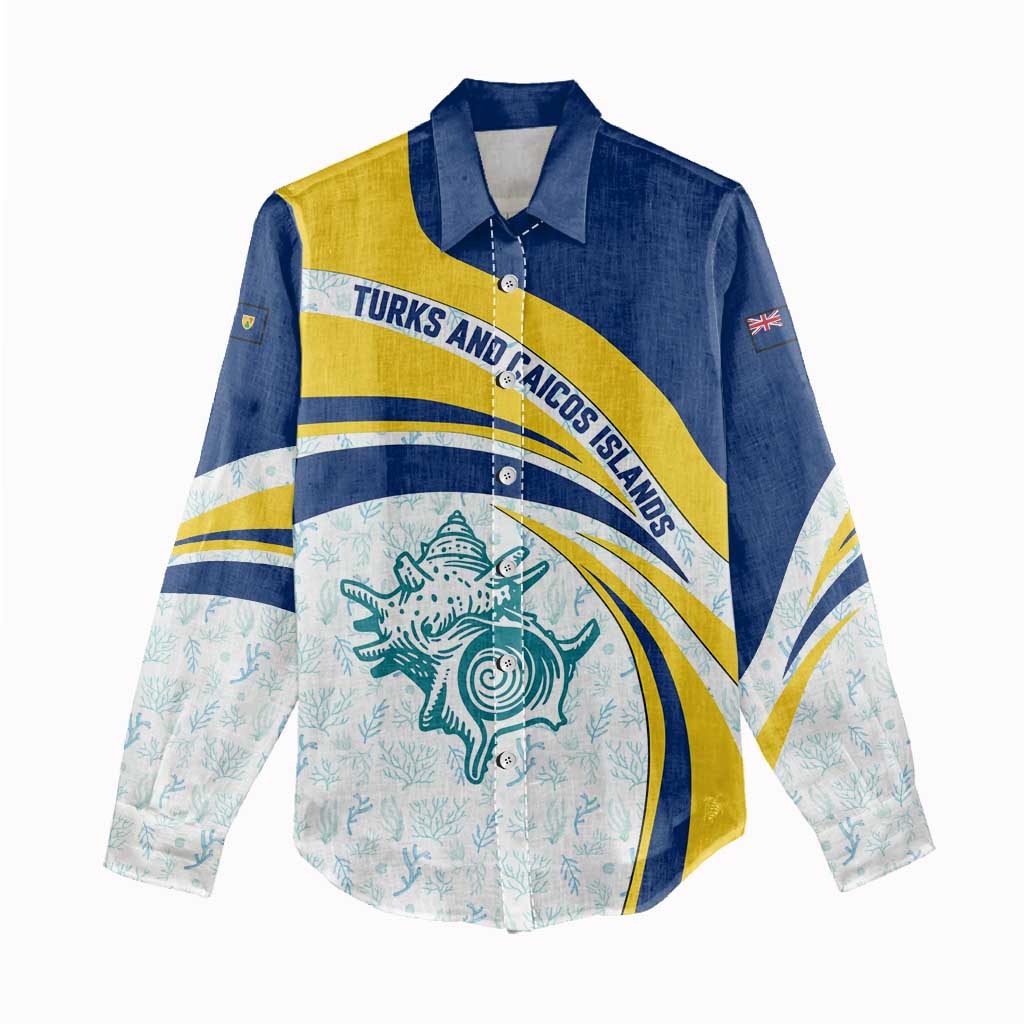 Turks and Caicos Islands Women Casual Shirt with Sea Shell Graphic and Yellow Blue Wave Design - Wonder Print Shop