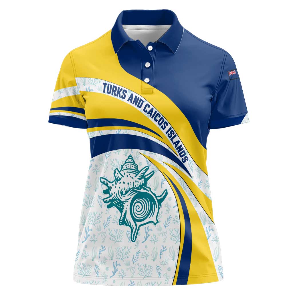Turks and Caicos Islands Women Polo Shirt with Sea Shell Graphic and Yellow Blue Wave Design - Wonder Print Shop