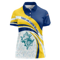 Turks and Caicos Islands Women Polo Shirt with Sea Shell Graphic and Yellow Blue Wave Design - Wonder Print Shop