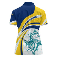 Turks and Caicos Islands Women Polo Shirt with Sea Shell Graphic and Yellow Blue Wave Design - Wonder Print Shop