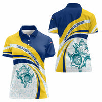 Turks and Caicos Islands Women Polo Shirt with Sea Shell Graphic and Yellow Blue Wave Design - Wonder Print Shop