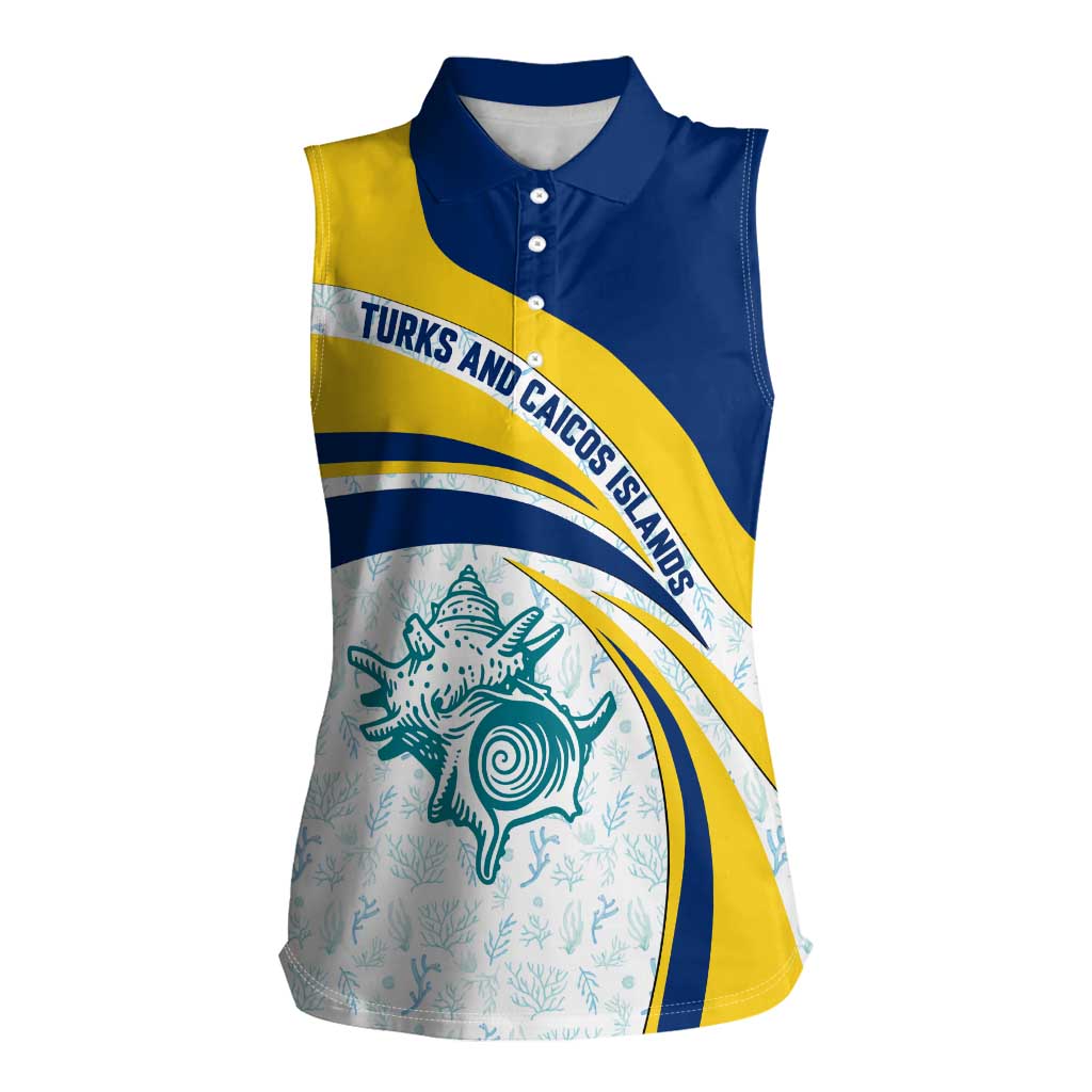 Turks and Caicos Islands Women Sleeveless Polo Shirt with Sea Shell Graphic and Yellow Blue Wave Design - Wonder Print Shop