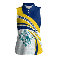Turks and Caicos Islands Women Sleeveless Polo Shirt with Sea Shell Graphic and Yellow Blue Wave Design - Wonder Print Shop