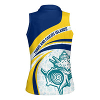 Turks and Caicos Islands Women Sleeveless Polo Shirt with Sea Shell Graphic and Yellow Blue Wave Design - Wonder Print Shop