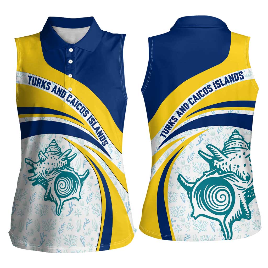 Turks and Caicos Islands Women Sleeveless Polo Shirt with Sea Shell Graphic and Yellow Blue Wave Design - Wonder Print Shop