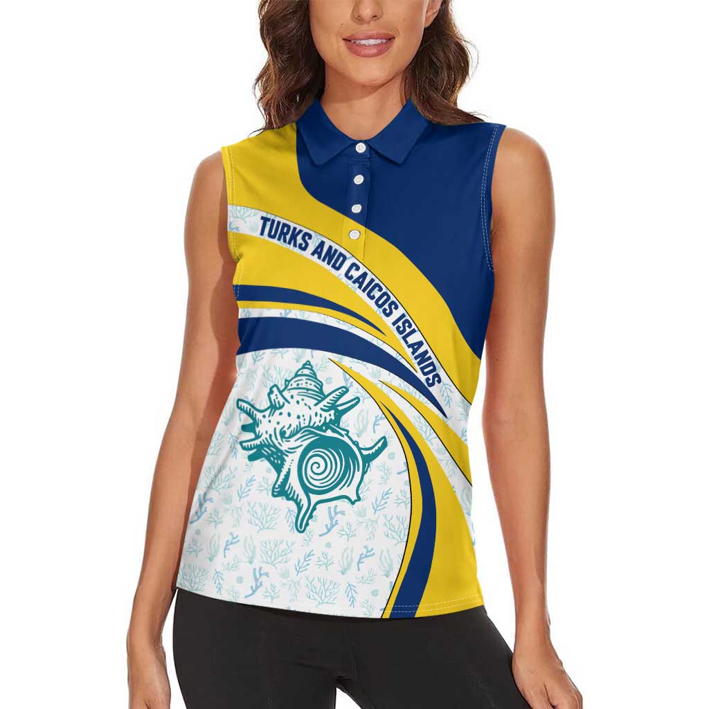 Turks and Caicos Islands Women Sleeveless Polo Shirt with Sea Shell Graphic and Yellow Blue Wave Design - Wonder Print Shop