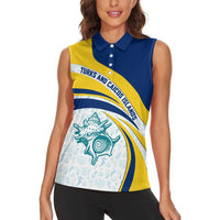Turks and Caicos Islands Women Sleeveless Polo Shirt with Sea Shell Graphic and Yellow Blue Wave Design - Wonder Print Shop