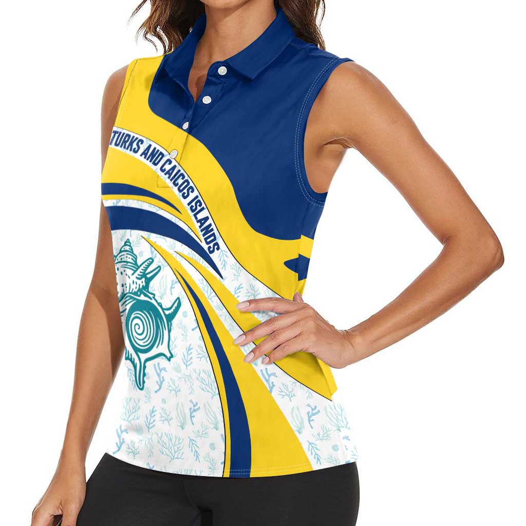 Turks and Caicos Islands Women Sleeveless Polo Shirt with Sea Shell Graphic and Yellow Blue Wave Design - Wonder Print Shop