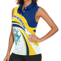 Turks and Caicos Islands Women Sleeveless Polo Shirt with Sea Shell Graphic and Yellow Blue Wave Design - Wonder Print Shop