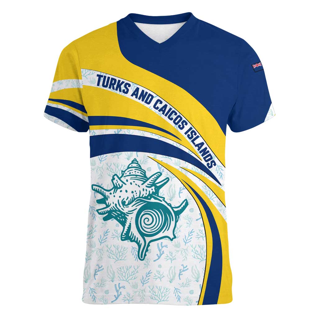 Turks and Caicos Islands Women V-Neck T-Shirt with Sea Shell Graphic and Yellow Blue Wave Design - Wonder Print Shop