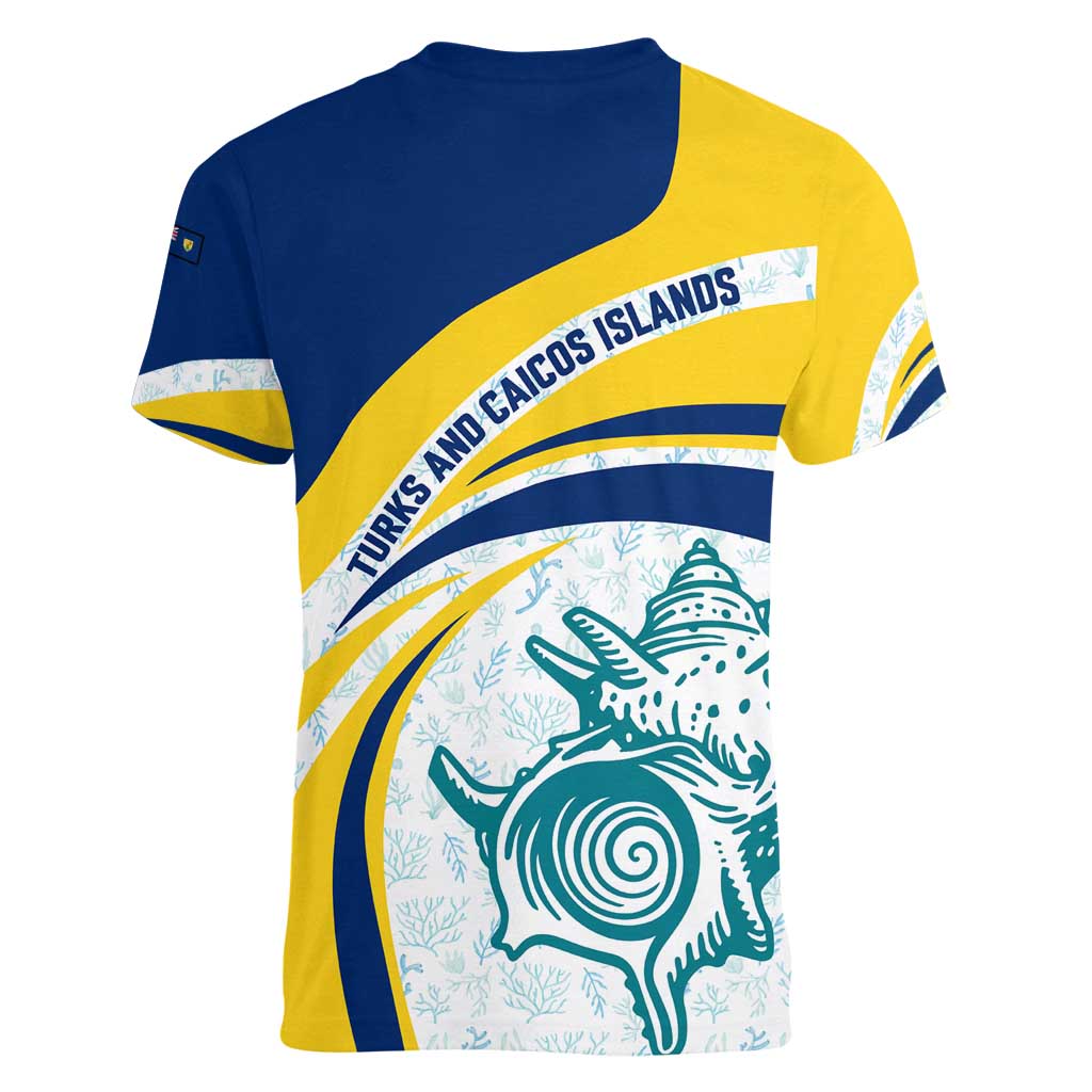 Turks and Caicos Islands Women V-Neck T-Shirt with Sea Shell Graphic and Yellow Blue Wave Design - Wonder Print Shop