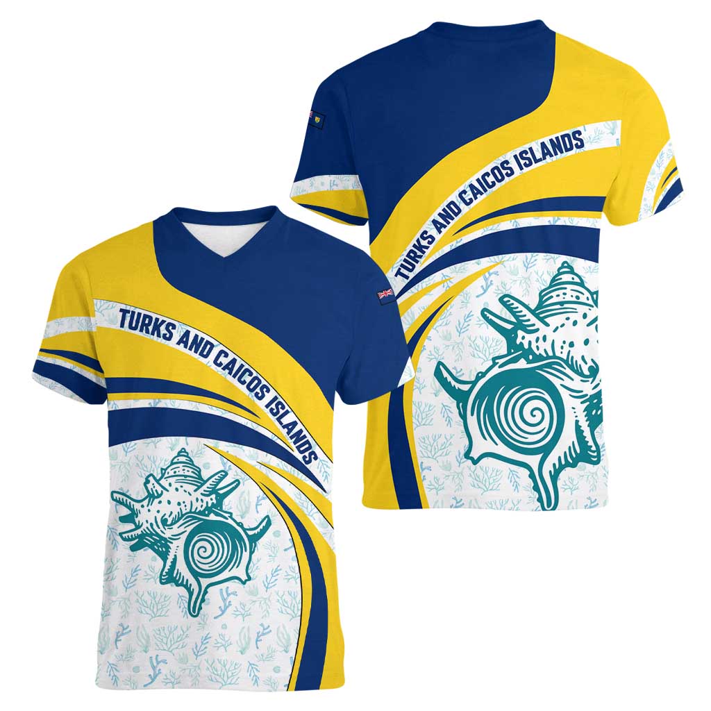 Turks and Caicos Islands Women V-Neck T-Shirt with Sea Shell Graphic and Yellow Blue Wave Design - Wonder Print Shop