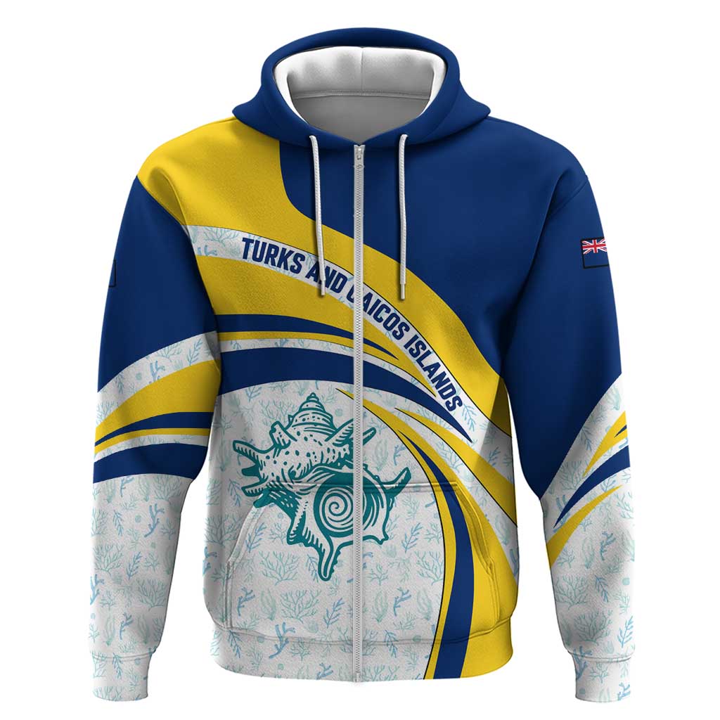 Turks and Caicos Islands Zip Hoodie with Sea Shell Graphic and Yellow Blue Wave Design - Wonder Print Shop