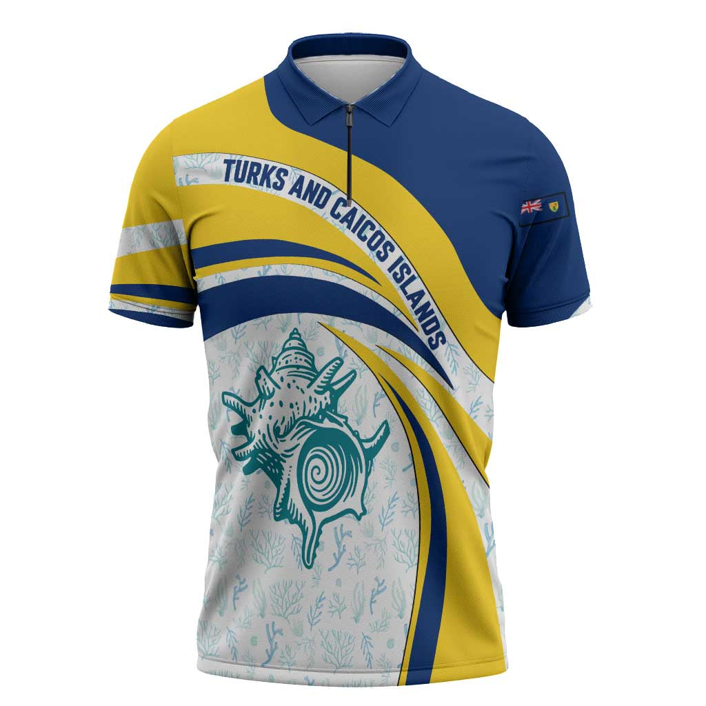 Turks and Caicos Islands Zipper Polo Shirt with Sea Shell Graphic and Yellow Blue Wave Design - Wonder Print Shop