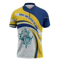 Turks and Caicos Islands Zipper Polo Shirt with Sea Shell Graphic and Yellow Blue Wave Design - Wonder Print Shop