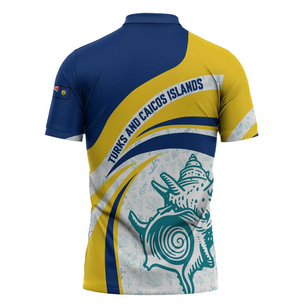 Turks and Caicos Islands Zipper Polo Shirt with Sea Shell Graphic and Yellow Blue Wave Design - Wonder Print Shop