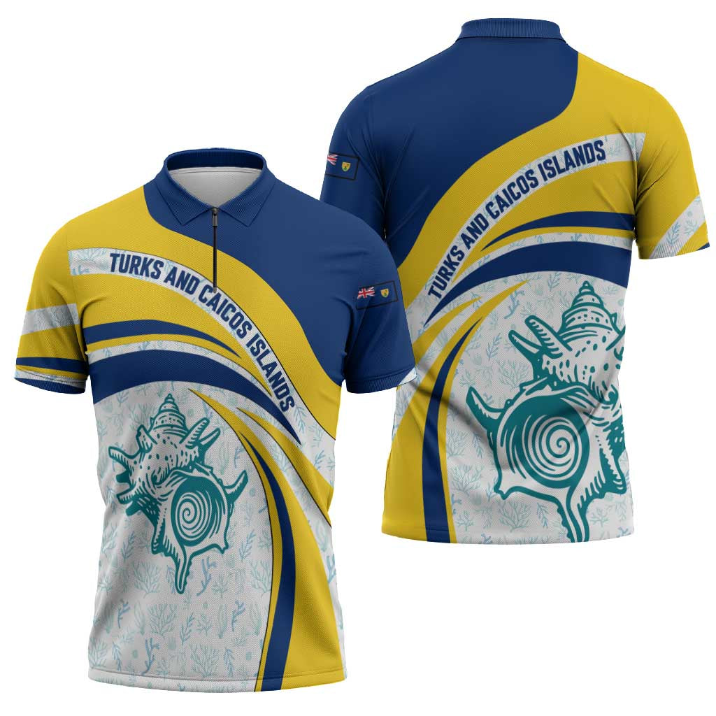 Turks and Caicos Islands Zipper Polo Shirt with Sea Shell Graphic and Yellow Blue Wave Design - Wonder Print Shop