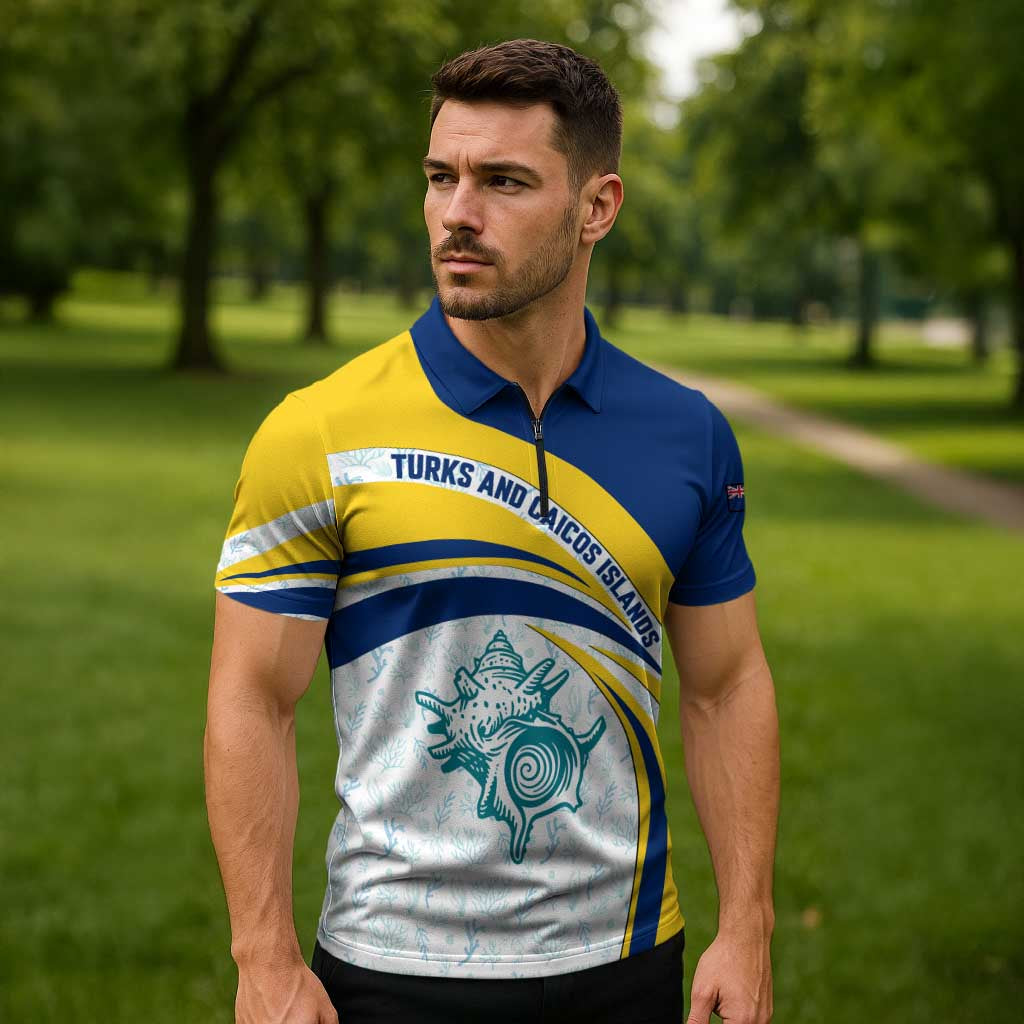 Turks and Caicos Islands Zipper Polo Shirt with Sea Shell Graphic and Yellow Blue Wave Design - Wonder Print Shop